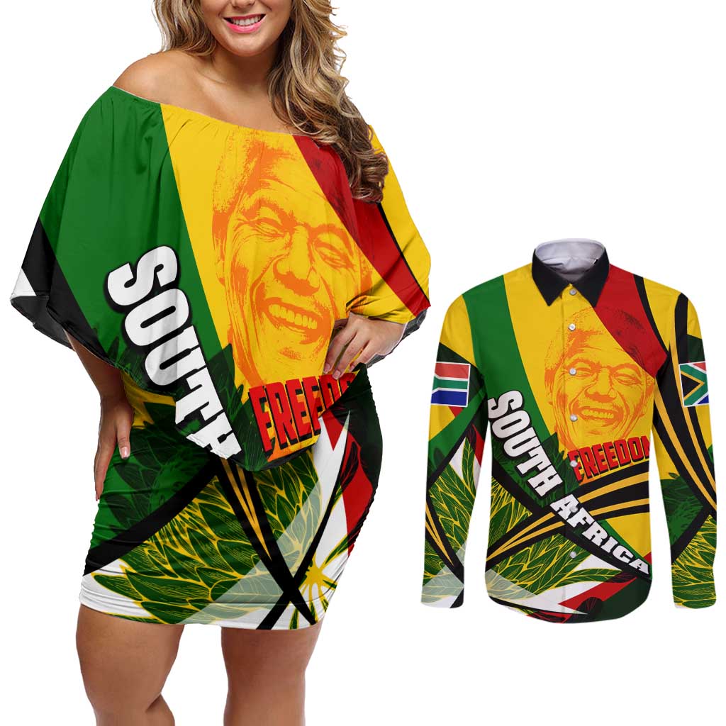 South Africa Freedom Day Couples Matching Off Shoulder Short Dress and Long Sleeve Button Shirt Mandela Legacy National Pride Protea Flower