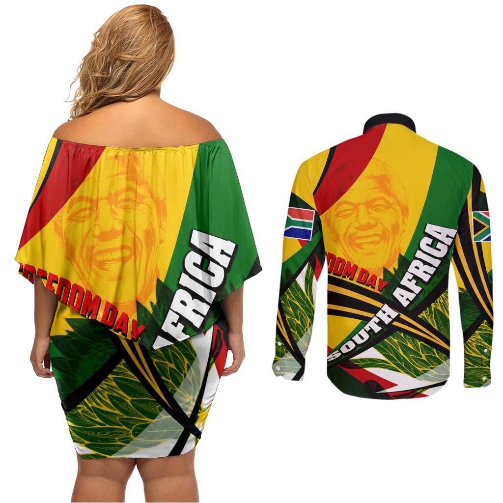 South Africa Freedom Day Couples Matching Off Shoulder Short Dress and Long Sleeve Button Shirt Mandela Legacy National Pride Protea Flower