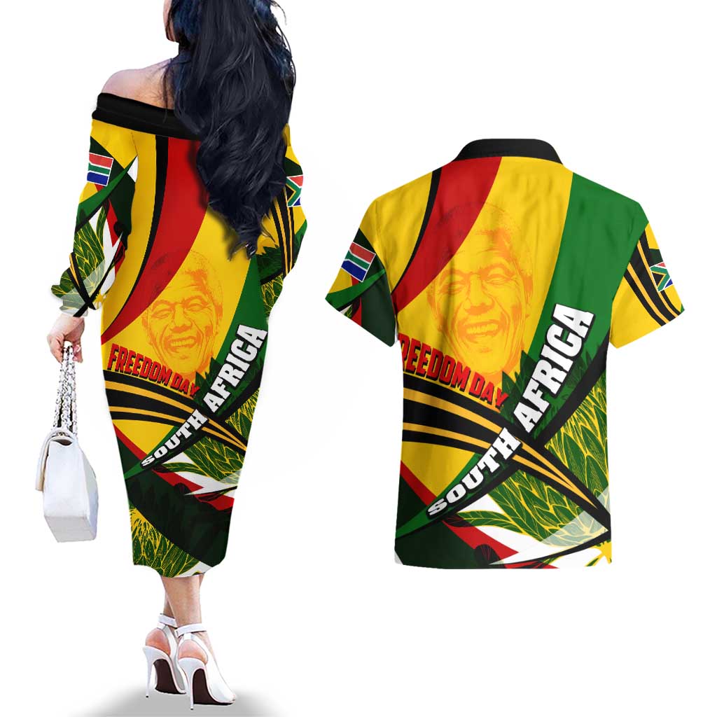 South Africa Freedom Day Couples Matching Off The Shoulder Long Sleeve Dress and Hawaiian Shirt Mandela Legacy National Pride Protea Flower