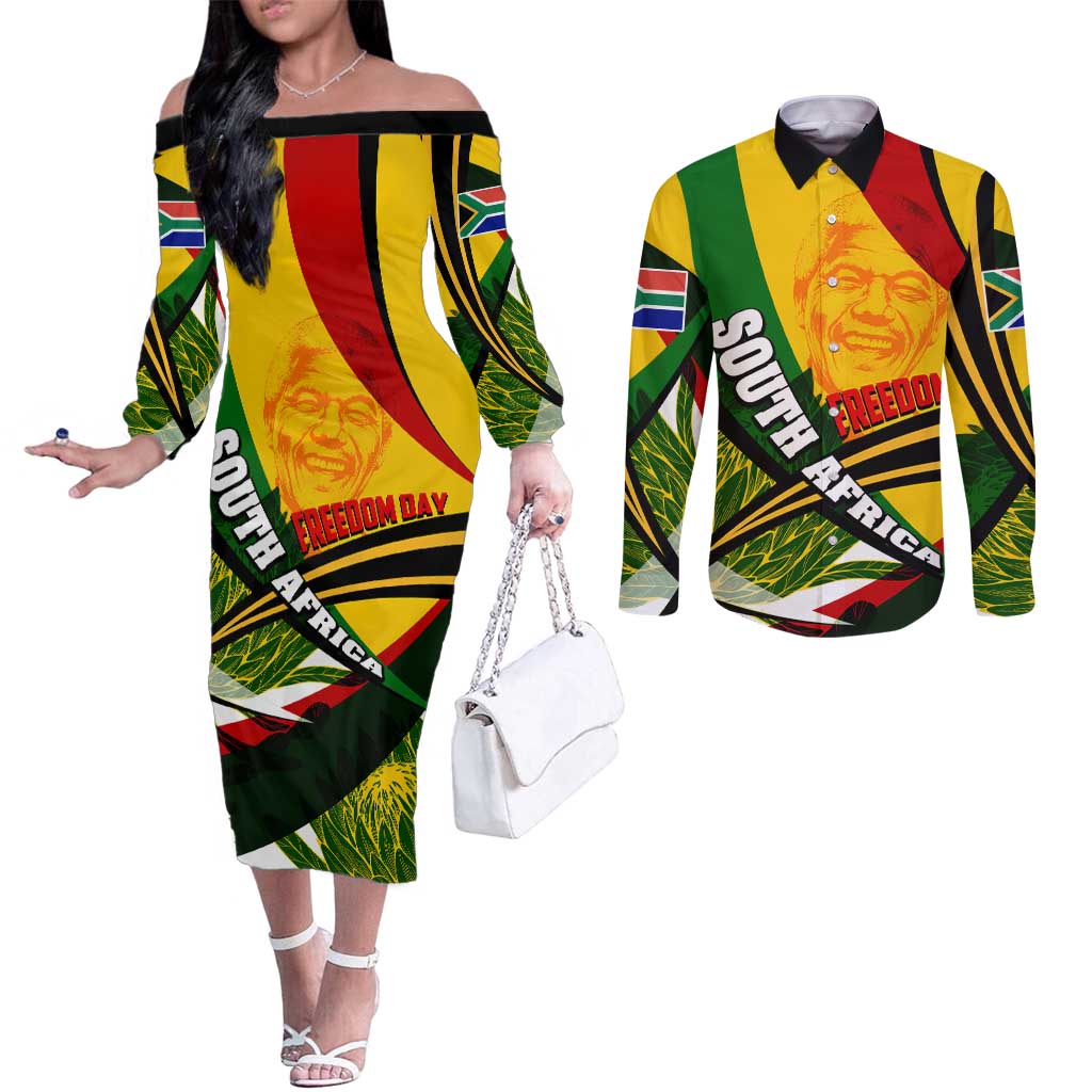 South Africa Freedom Day Couples Matching Off The Shoulder Long Sleeve Dress and Long Sleeve Button Shirt Mandela Legacy National Pride Protea Flower