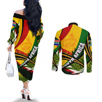 South Africa Freedom Day Couples Matching Off The Shoulder Long Sleeve Dress and Long Sleeve Button Shirt Mandela Legacy National Pride Protea Flower