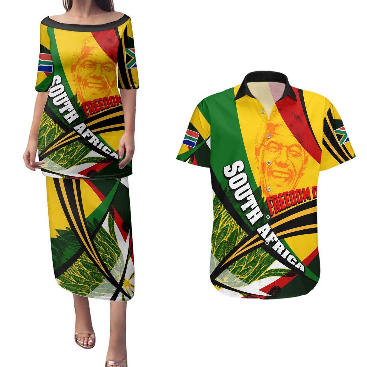 South Africa Freedom Day Couples Matching Puletasi and Hawaiian Shirt Mandela Legacy National Pride Protea Flower