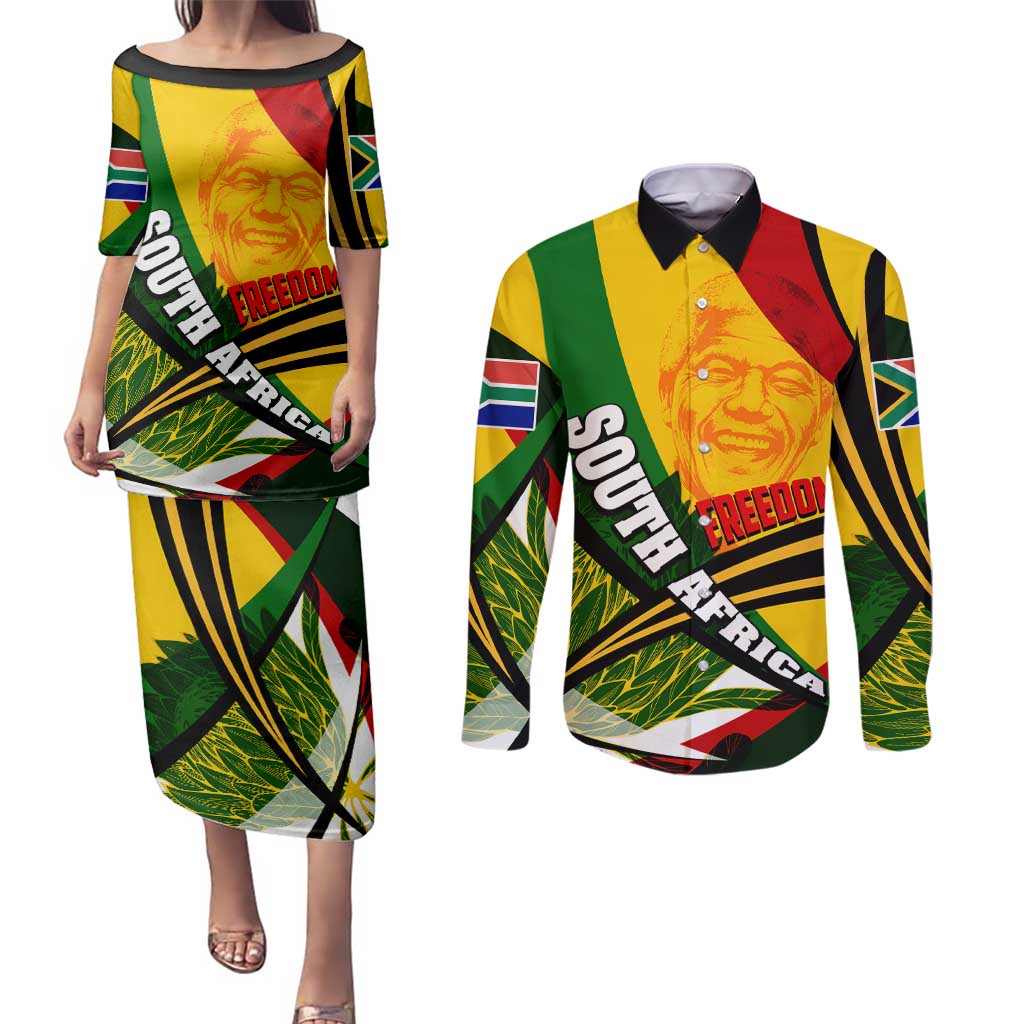 South Africa Freedom Day Couples Matching Puletasi and Long Sleeve Button Shirt Mandela Legacy National Pride Protea Flower