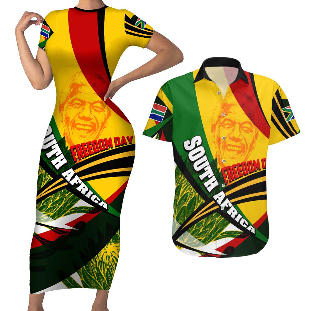 South Africa Freedom Day Couples Matching Short Sleeve Bodycon Dress and Hawaiian Shirt Mandela Legacy National Pride Protea Flower