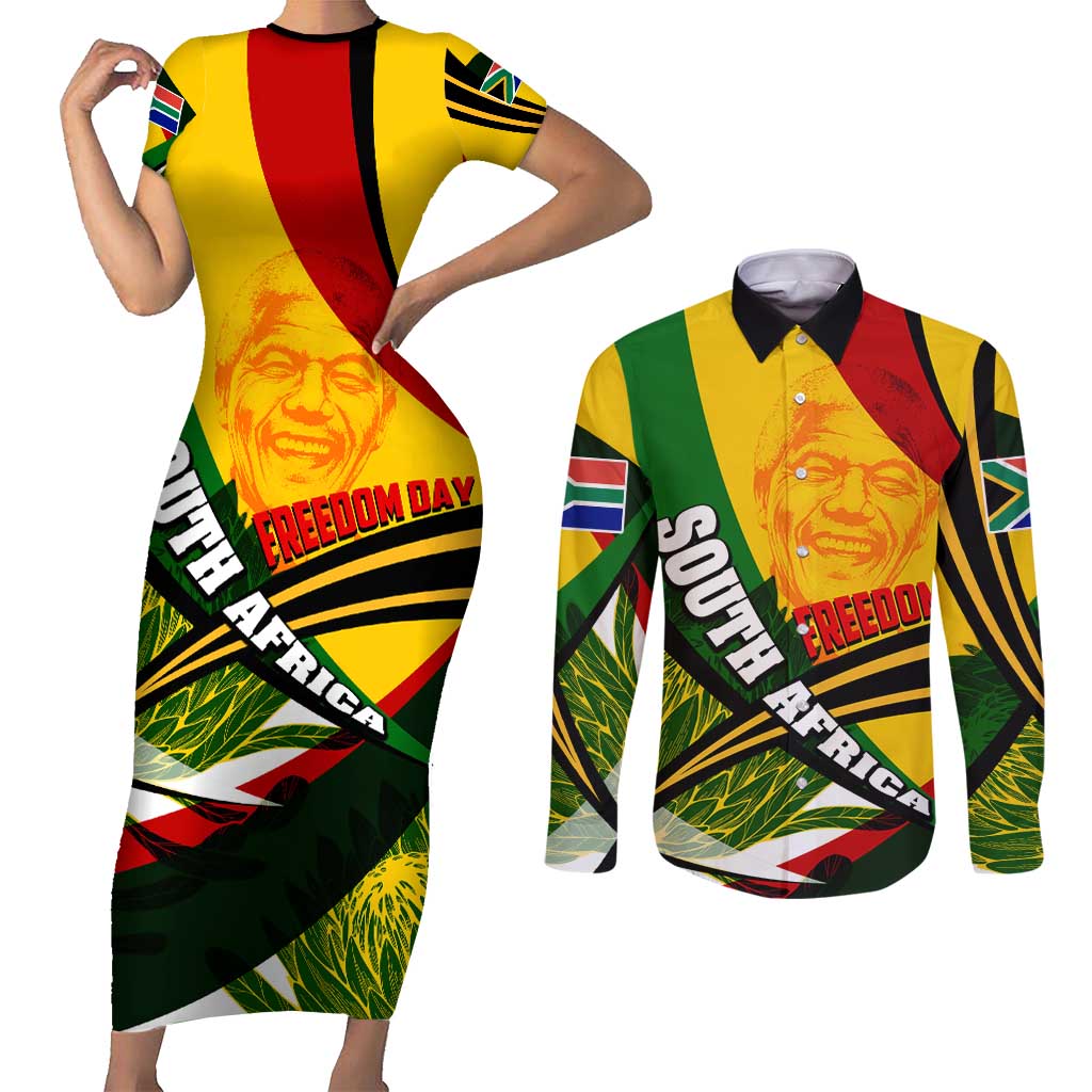 South Africa Freedom Day Couples Matching Short Sleeve Bodycon Dress and Long Sleeve Button Shirt Mandela Legacy National Pride Protea Flower