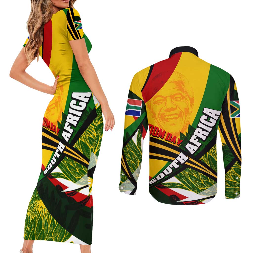 South Africa Freedom Day Couples Matching Short Sleeve Bodycon Dress and Long Sleeve Button Shirt Mandela Legacy National Pride Protea Flower