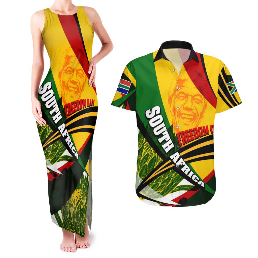 South Africa Freedom Day Couples Matching Tank Maxi Dress and Hawaiian Shirt Mandela Legacy National Pride Protea Flower