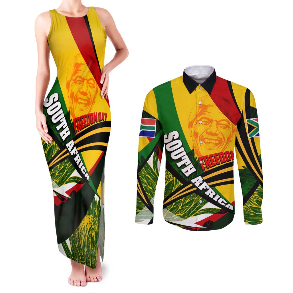 South Africa Freedom Day Couples Matching Tank Maxi Dress and Long Sleeve Button Shirt Mandela Legacy National Pride Protea Flower