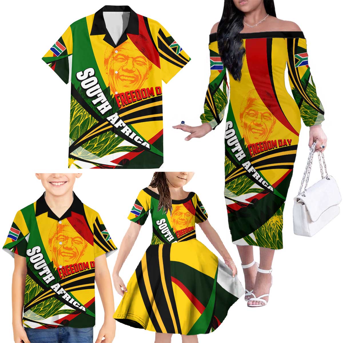 South Africa Freedom Day Family Matching Off The Shoulder Long Sleeve Dress and Hawaiian Shirt Mandela Legacy National Pride Protea Flower