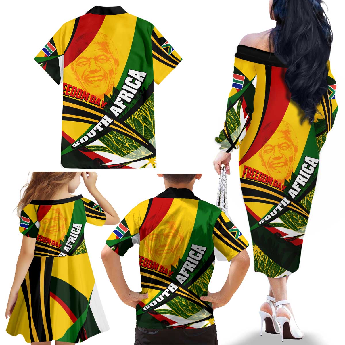 South Africa Freedom Day Family Matching Off The Shoulder Long Sleeve Dress and Hawaiian Shirt Mandela Legacy National Pride Protea Flower