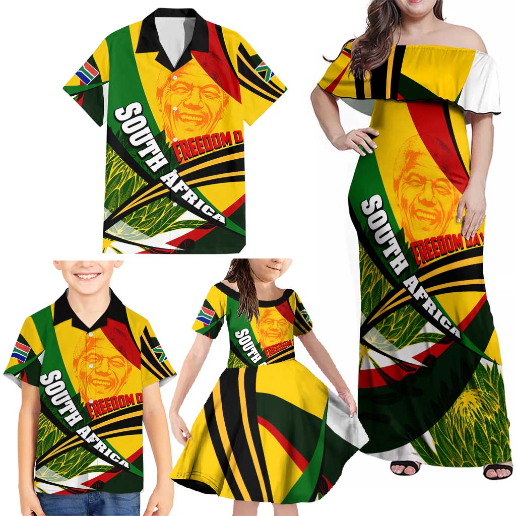 South Africa Freedom Day Family Matching Off Shoulder Maxi Dress and Hawaiian Shirt Mandela Legacy National Pride Protea Flower