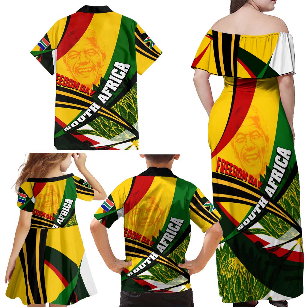 South Africa Freedom Day Family Matching Off Shoulder Maxi Dress and Hawaiian Shirt Mandela Legacy National Pride Protea Flower