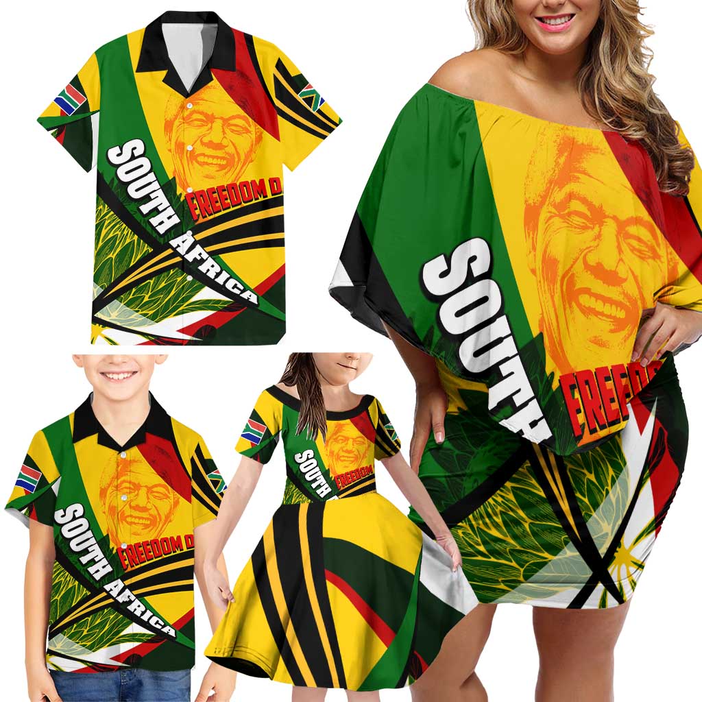 South Africa Freedom Day Family Matching Off Shoulder Short Dress and Hawaiian Shirt Mandela Legacy National Pride Protea Flower