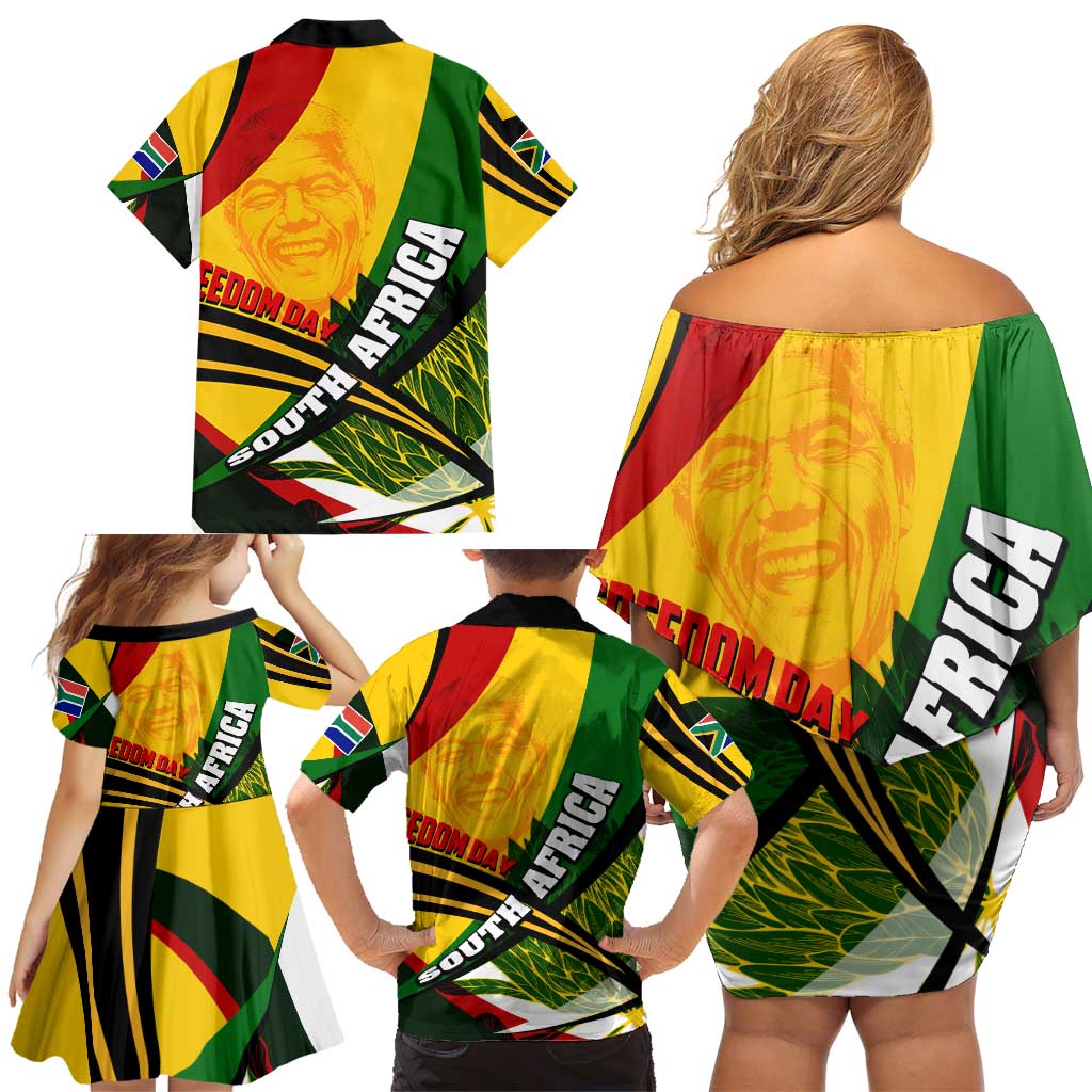 South Africa Freedom Day Family Matching Off Shoulder Short Dress and Hawaiian Shirt Mandela Legacy National Pride Protea Flower