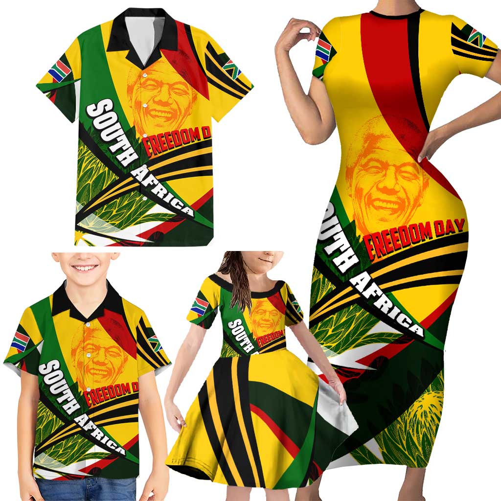 South Africa Freedom Day Family Matching Short Sleeve Bodycon Dress and Hawaiian Shirt Mandela Legacy National Pride Protea Flower