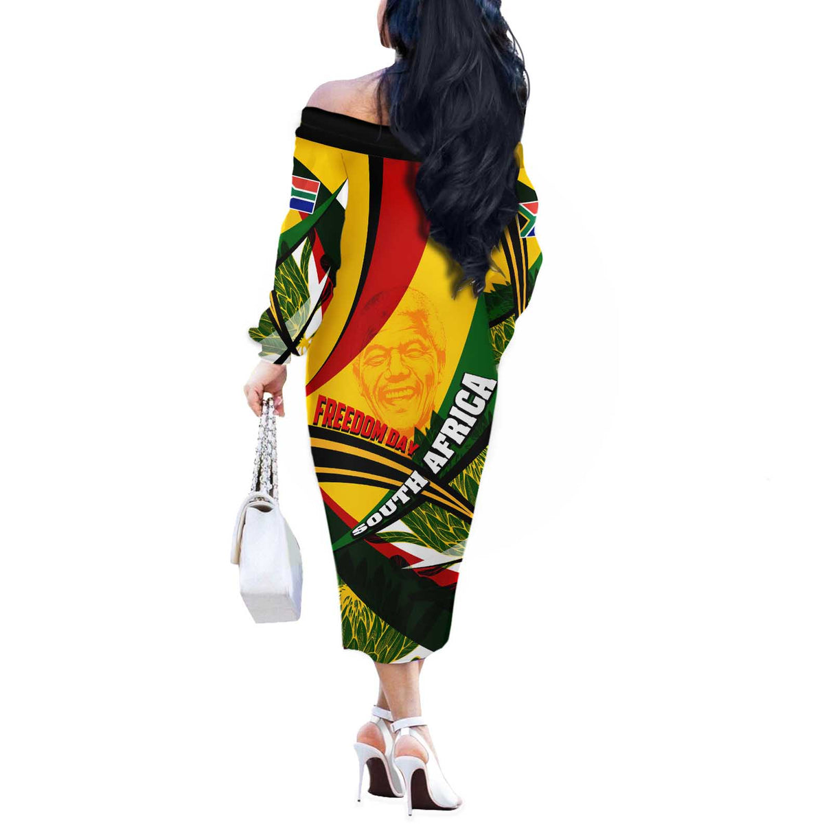 South Africa Freedom Day Off The Shoulder Long Sleeve Dress Mandela Legacy National Pride Protea Flower