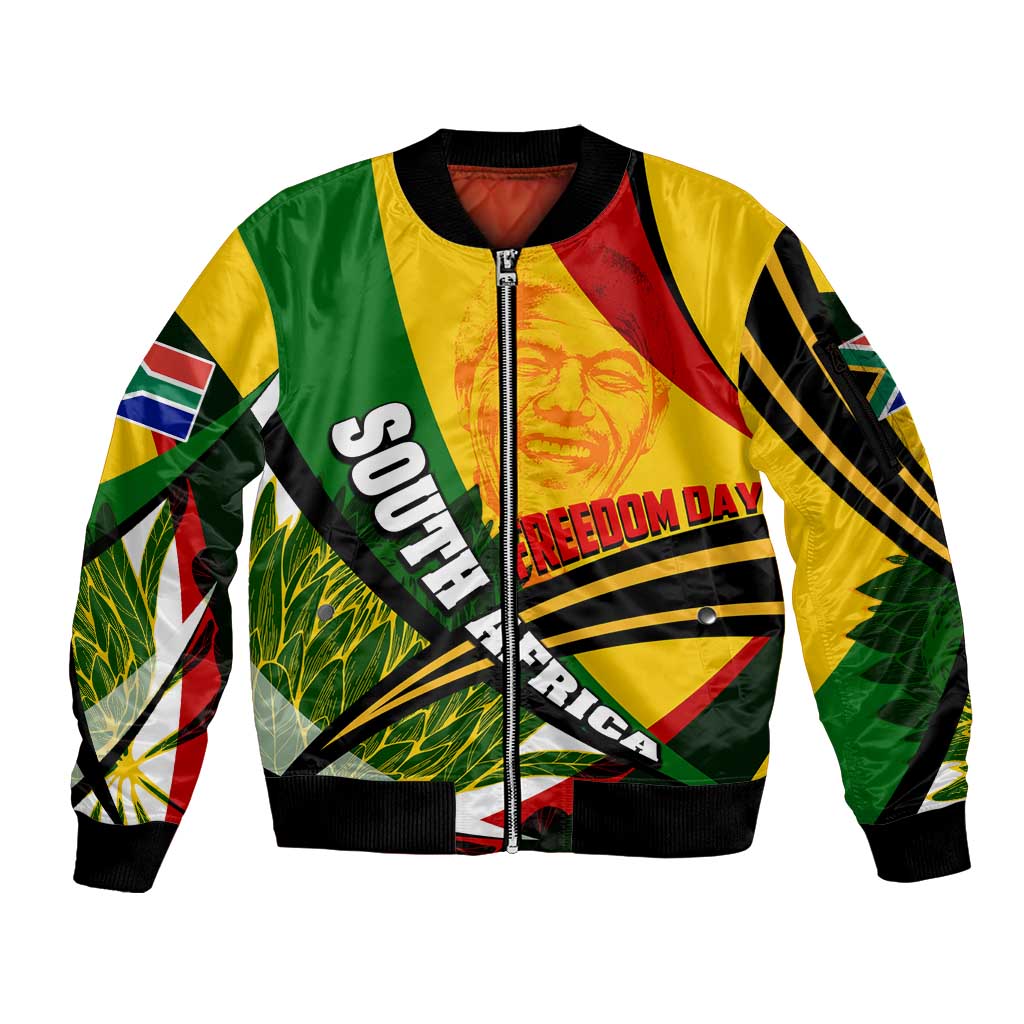 South Africa Freedom Day Sleeve Zip Bomber Jacket Mandela Legacy National Pride Protea Flower