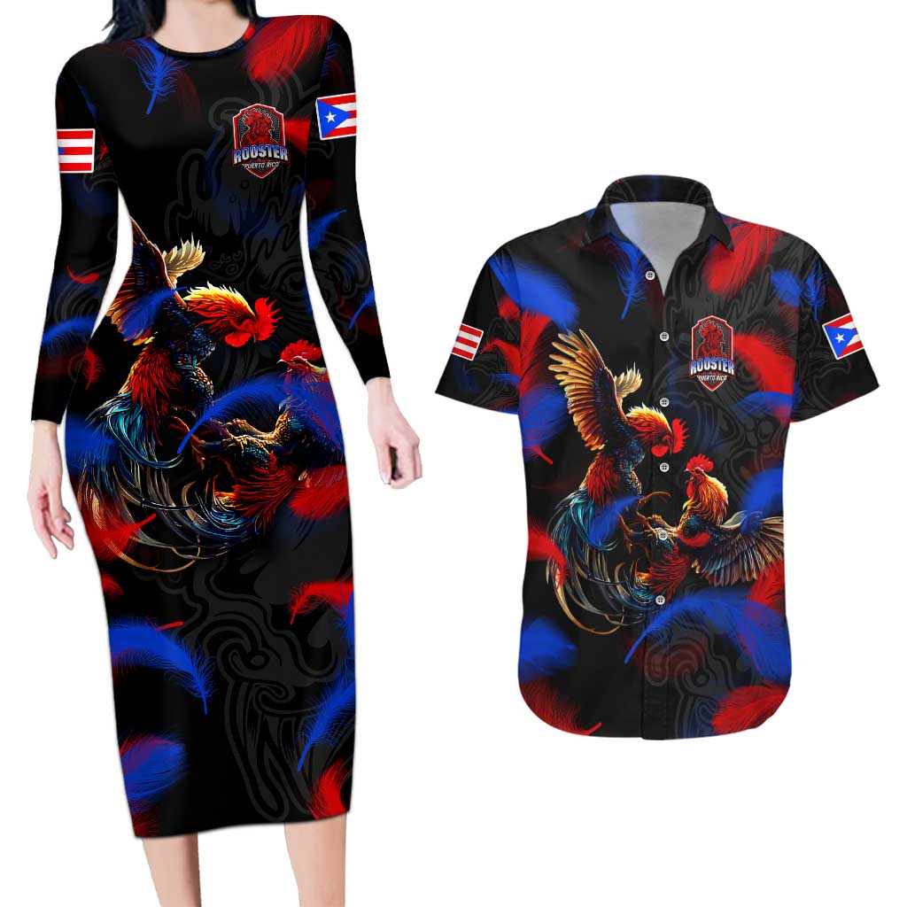 Puerto Rican Rooster Couples Matching Long Sleeve Bodycon Dress and Hawaiian Shirt Puerto Rico Pride and Power Spirit