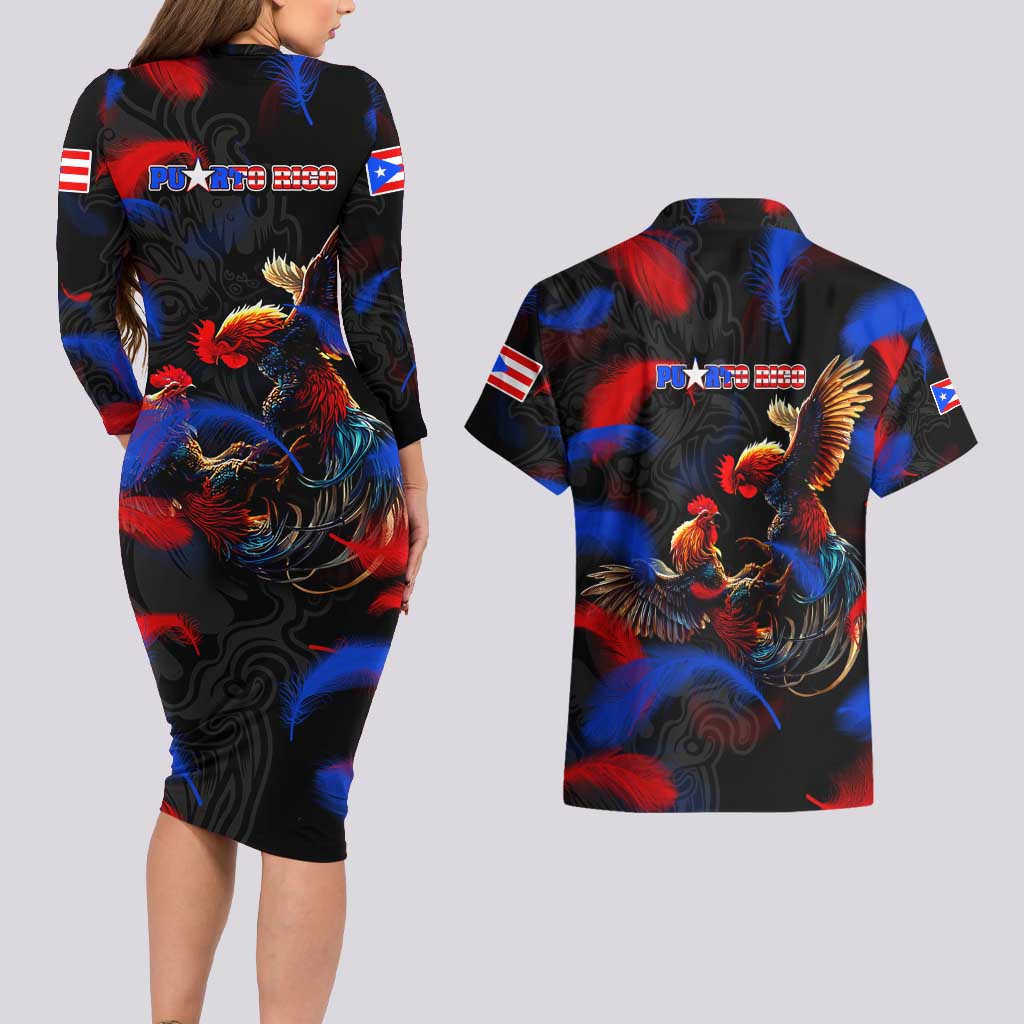 Puerto Rican Rooster Couples Matching Long Sleeve Bodycon Dress and Hawaiian Shirt Puerto Rico Pride and Power Spirit