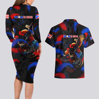 Puerto Rican Rooster Couples Matching Long Sleeve Bodycon Dress and Hawaiian Shirt Puerto Rico Pride and Power Spirit