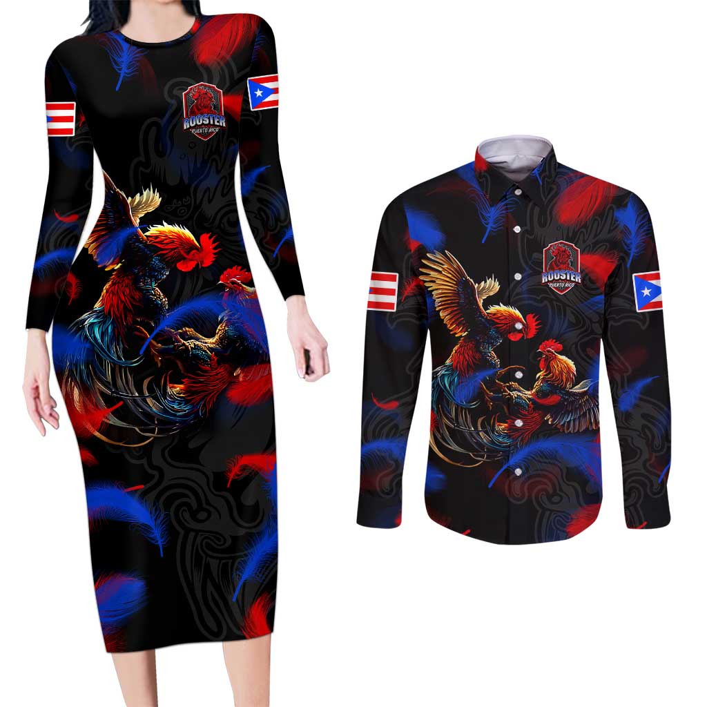 Puerto Rican Rooster Couples Matching Long Sleeve Bodycon Dress and Long Sleeve Button Shirt Puerto Rico Pride and Power Spirit