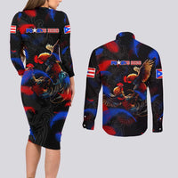 Puerto Rican Rooster Couples Matching Long Sleeve Bodycon Dress and Long Sleeve Button Shirt Puerto Rico Pride and Power Spirit