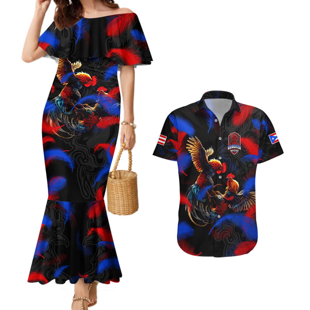 Puerto Rican Rooster Couples Matching Mermaid Dress and Hawaiian Shirt Puerto Rico Pride and Power Spirit