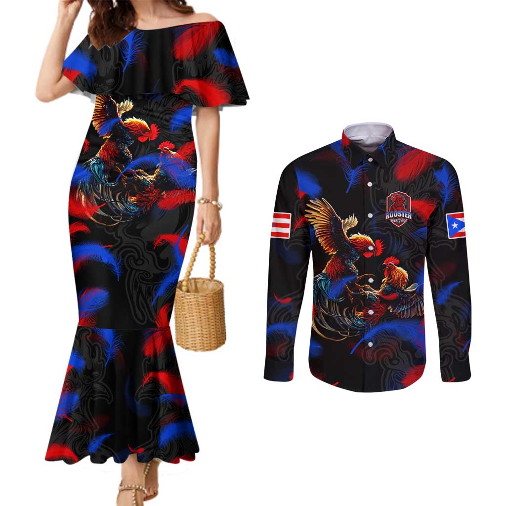 Puerto Rican Rooster Couples Matching Mermaid Dress and Long Sleeve Button Shirt Puerto Rico Pride and Power Spirit