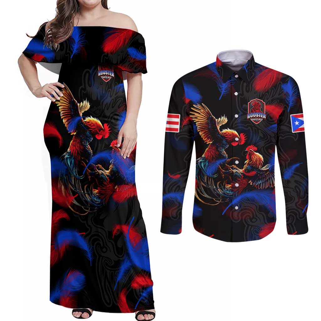 Puerto Rican Rooster Couples Matching Off Shoulder Maxi Dress and Long Sleeve Button Shirt Puerto Rico Pride and Power Spirit