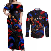 Puerto Rican Rooster Couples Matching Off Shoulder Maxi Dress and Long Sleeve Button Shirt Puerto Rico Pride and Power Spirit