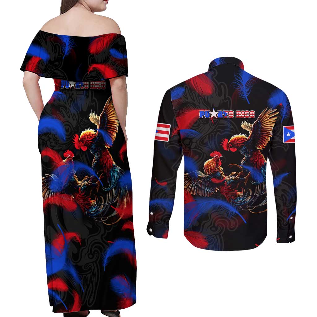 Puerto Rican Rooster Couples Matching Off Shoulder Maxi Dress and Long Sleeve Button Shirt Puerto Rico Pride and Power Spirit