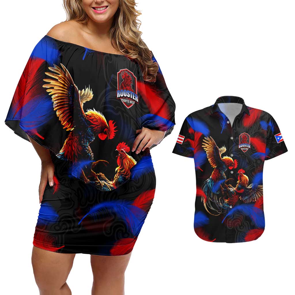 Puerto Rican Rooster Couples Matching Off Shoulder Short Dress and Hawaiian Shirt Puerto Rico Pride and Power Spirit