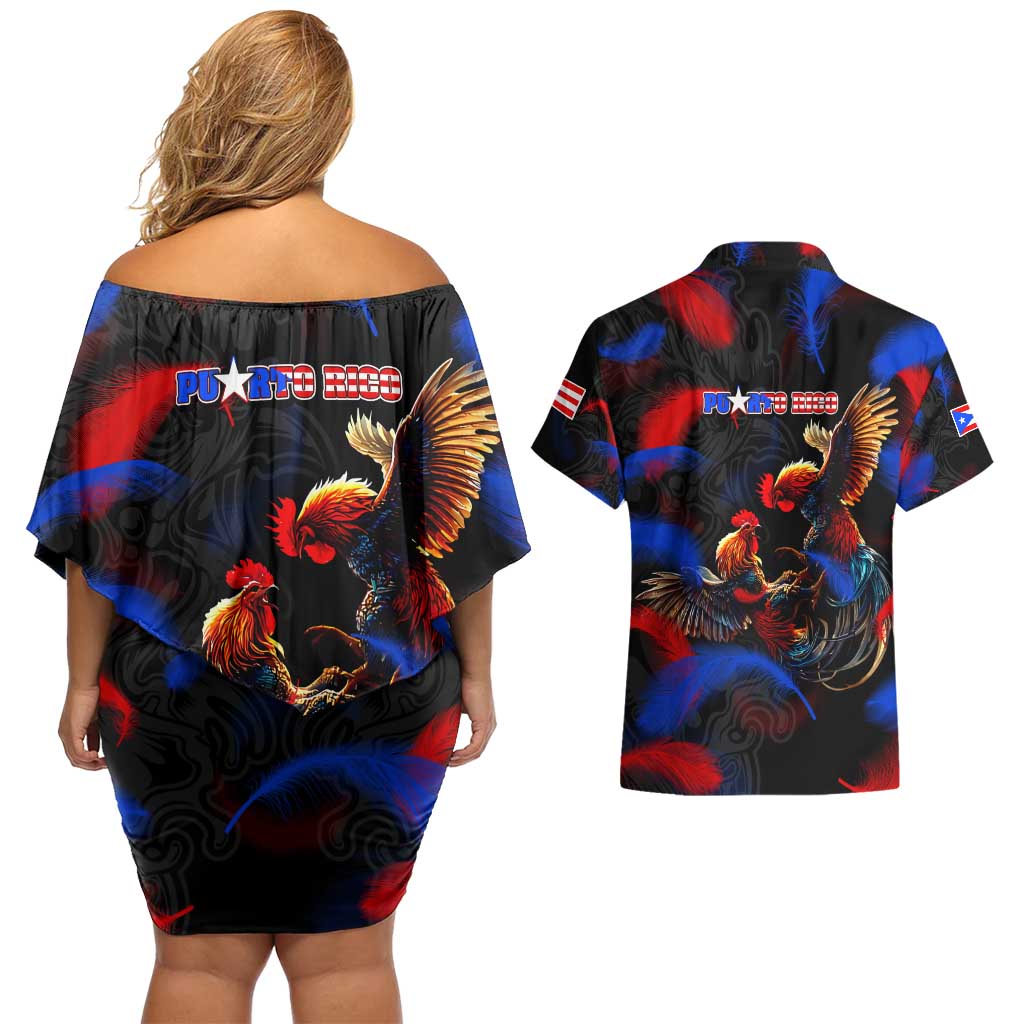 Puerto Rican Rooster Couples Matching Off Shoulder Short Dress and Hawaiian Shirt Puerto Rico Pride and Power Spirit
