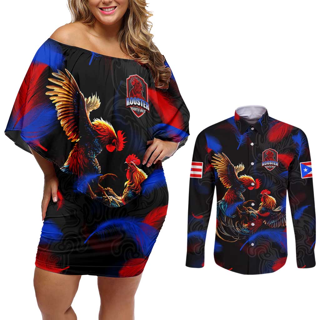 Puerto Rican Rooster Couples Matching Off Shoulder Short Dress and Long Sleeve Button Shirt Puerto Rico Pride and Power Spirit