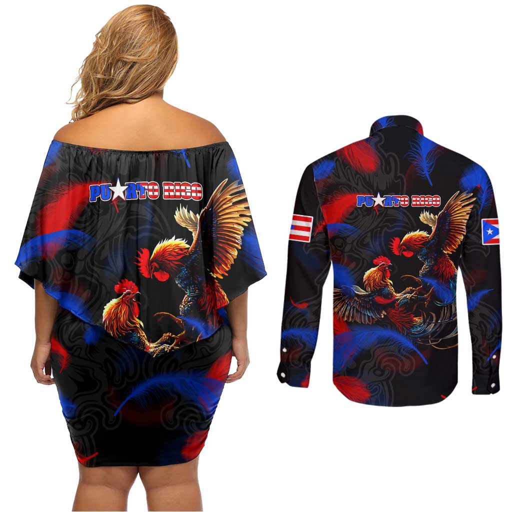 Puerto Rican Rooster Couples Matching Off Shoulder Short Dress and Long Sleeve Button Shirt Puerto Rico Pride and Power Spirit