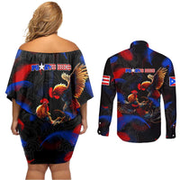 Puerto Rican Rooster Couples Matching Off Shoulder Short Dress and Long Sleeve Button Shirt Puerto Rico Pride and Power Spirit
