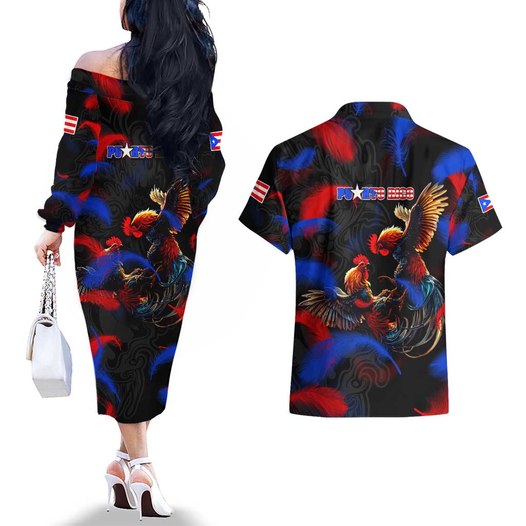 Puerto Rican Rooster Couples Matching Off The Shoulder Long Sleeve Dress and Hawaiian Shirt Puerto Rico Pride and Power Spirit