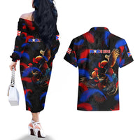 Puerto Rican Rooster Couples Matching Off The Shoulder Long Sleeve Dress and Hawaiian Shirt Puerto Rico Pride and Power Spirit
