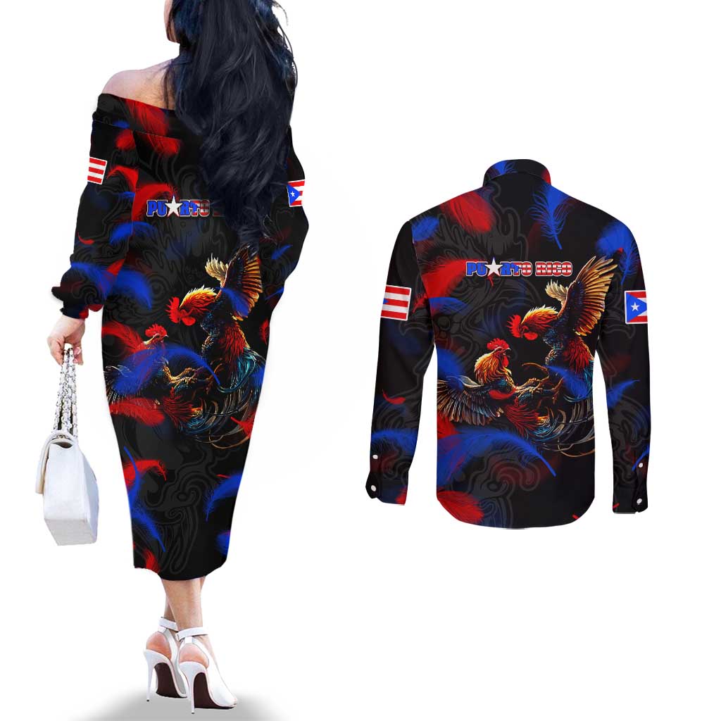 Puerto Rican Rooster Couples Matching Off The Shoulder Long Sleeve Dress and Long Sleeve Button Shirt Puerto Rico Pride and Power Spirit