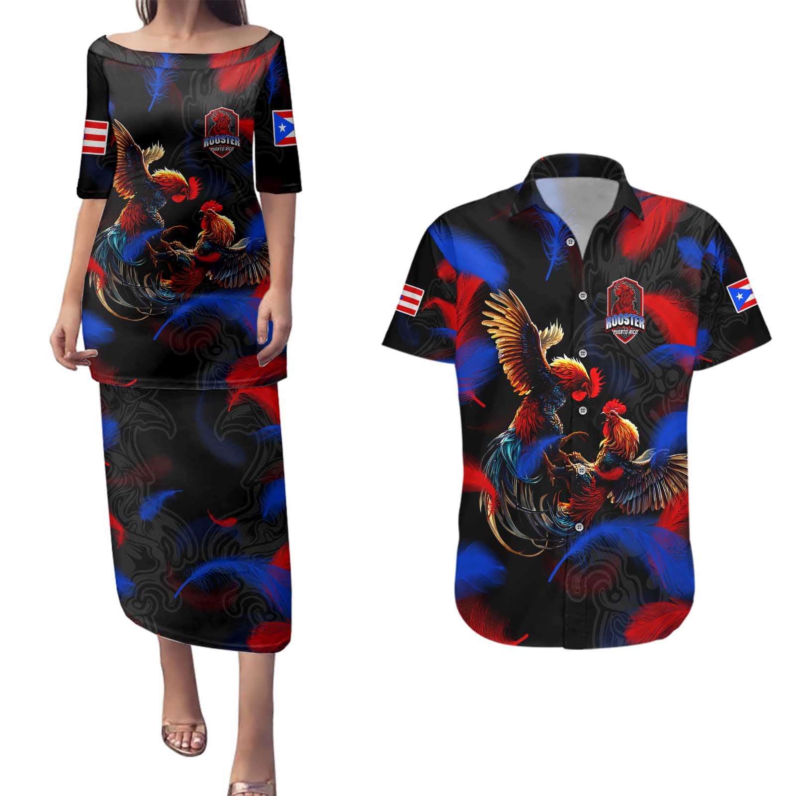 Puerto Rican Rooster Couples Matching Puletasi and Hawaiian Shirt Puerto Rico Pride and Power Spirit