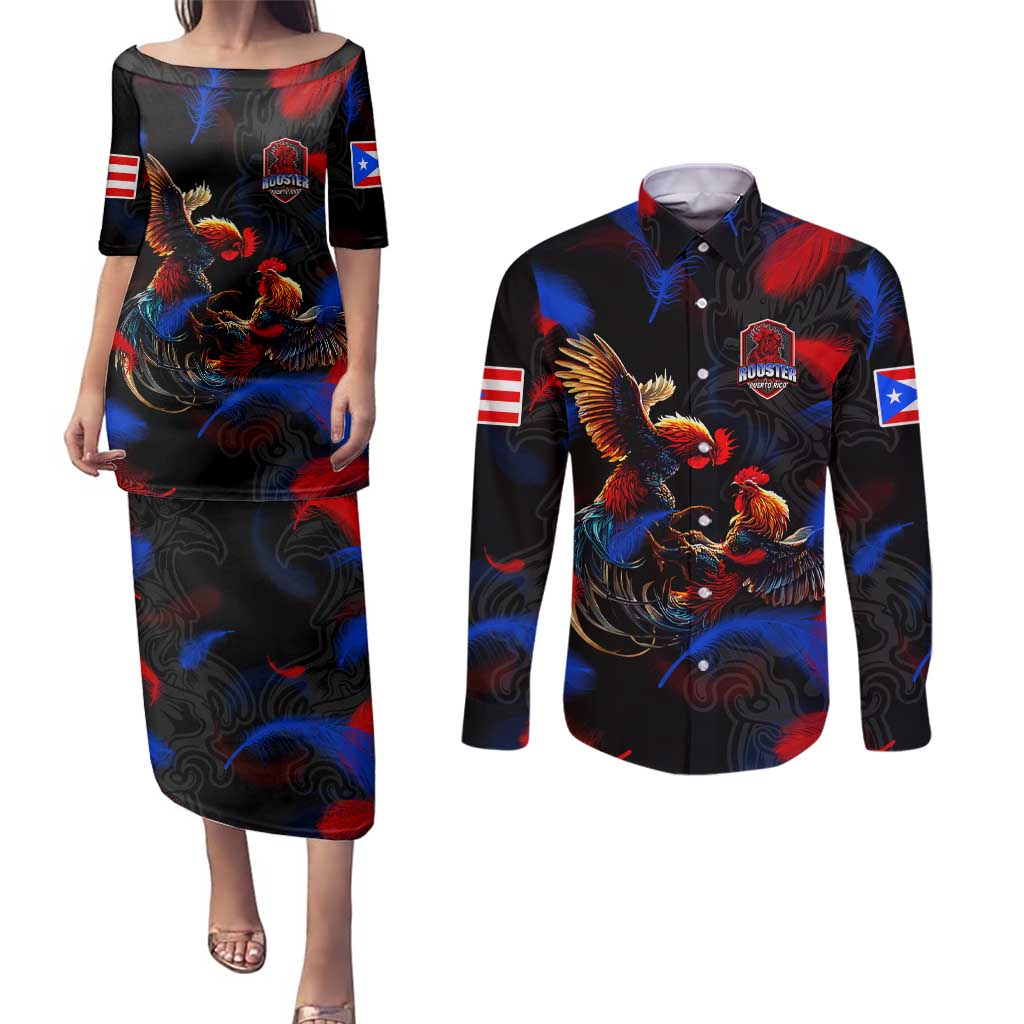 Puerto Rican Rooster Couples Matching Puletasi and Long Sleeve Button Shirt Puerto Rico Pride and Power Spirit