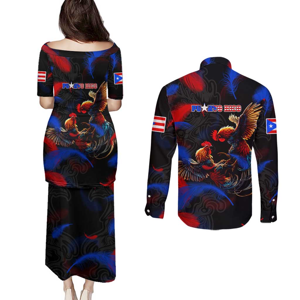 Puerto Rican Rooster Couples Matching Puletasi and Long Sleeve Button Shirt Puerto Rico Pride and Power Spirit