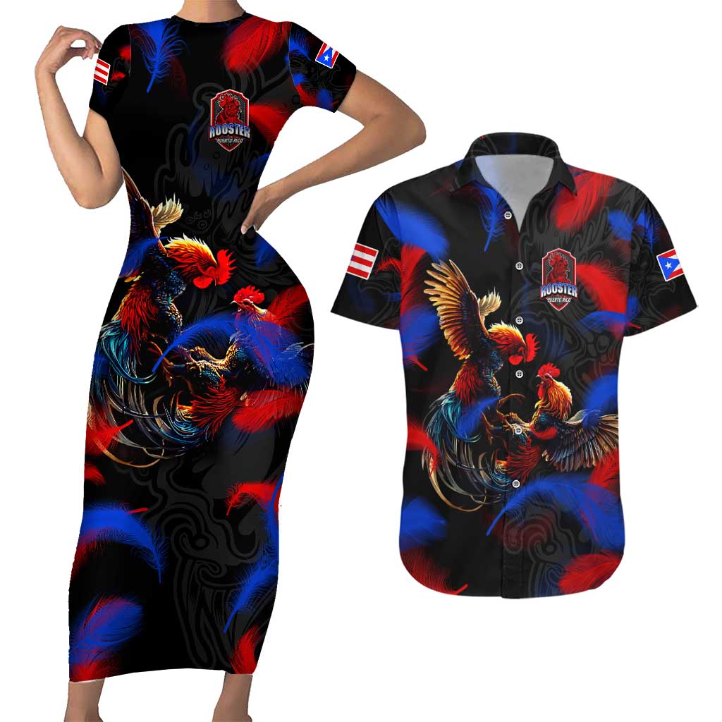 Puerto Rican Rooster Couples Matching Short Sleeve Bodycon Dress and Hawaiian Shirt Puerto Rico Pride and Power Spirit