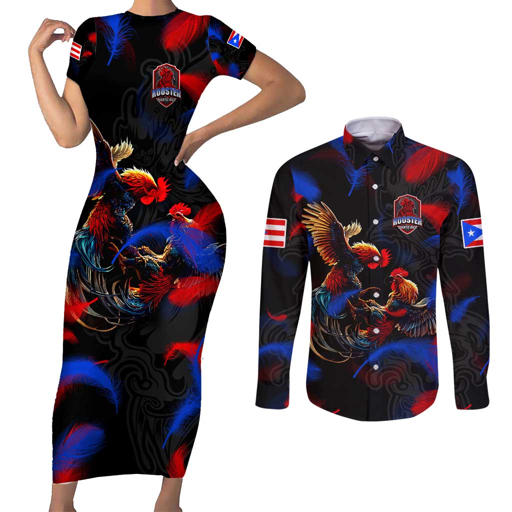 Puerto Rican Rooster Couples Matching Short Sleeve Bodycon Dress and Long Sleeve Button Shirt Puerto Rico Pride and Power Spirit