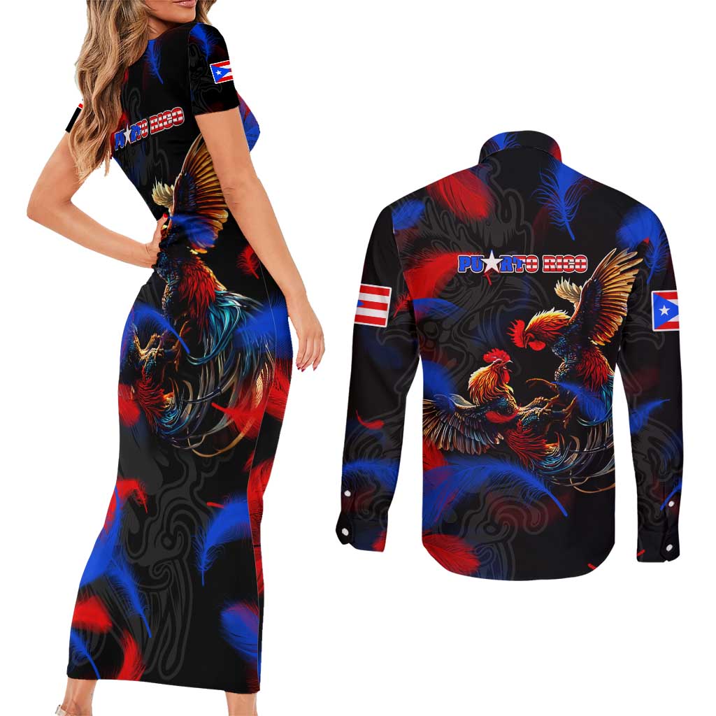 Puerto Rican Rooster Couples Matching Short Sleeve Bodycon Dress and Long Sleeve Button Shirt Puerto Rico Pride and Power Spirit