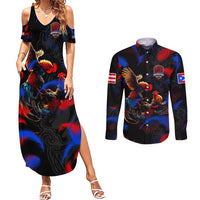 Puerto Rican Rooster Couples Matching Summer Maxi Dress and Long Sleeve Button Shirt Puerto Rico Pride and Power Spirit