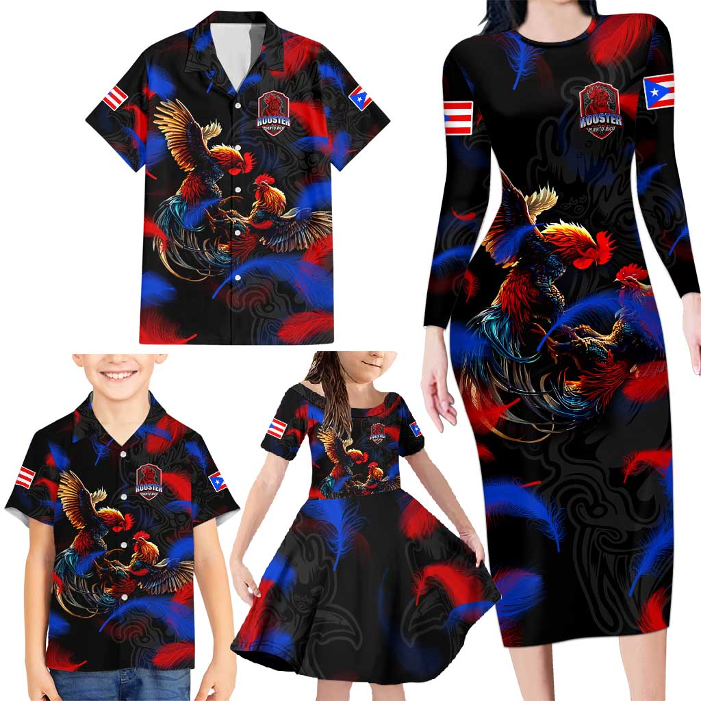 Puerto Rican Rooster Family Matching Long Sleeve Bodycon Dress and Hawaiian Shirt Puerto Rico Pride and Power Spirit
