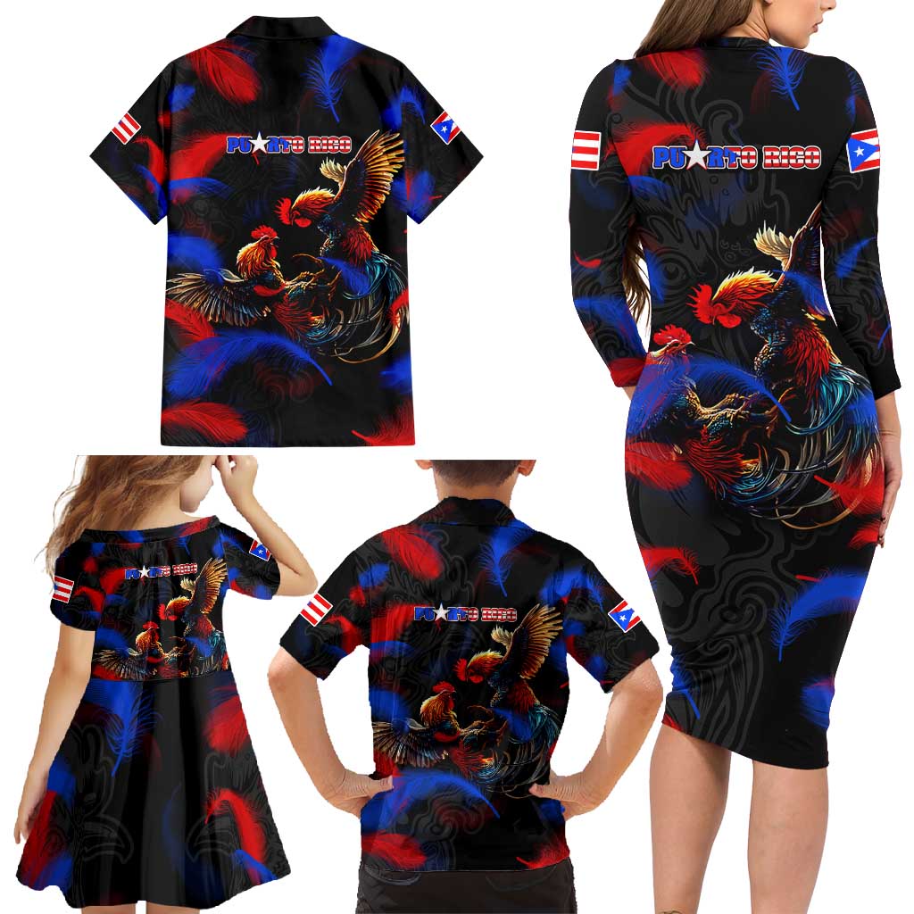 Puerto Rican Rooster Family Matching Long Sleeve Bodycon Dress and Hawaiian Shirt Puerto Rico Pride and Power Spirit