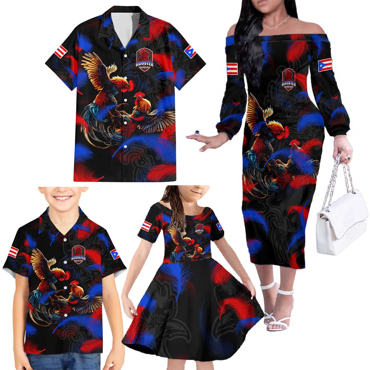 Puerto Rican Rooster Family Matching Off The Shoulder Long Sleeve Dress and Hawaiian Shirt Puerto Rico Pride and Power Spirit
