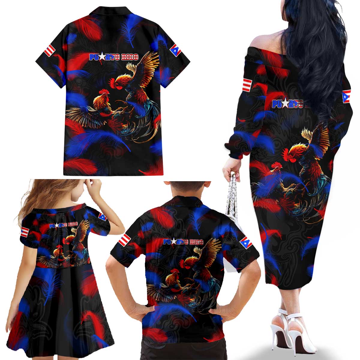 Puerto Rican Rooster Family Matching Off The Shoulder Long Sleeve Dress and Hawaiian Shirt Puerto Rico Pride and Power Spirit